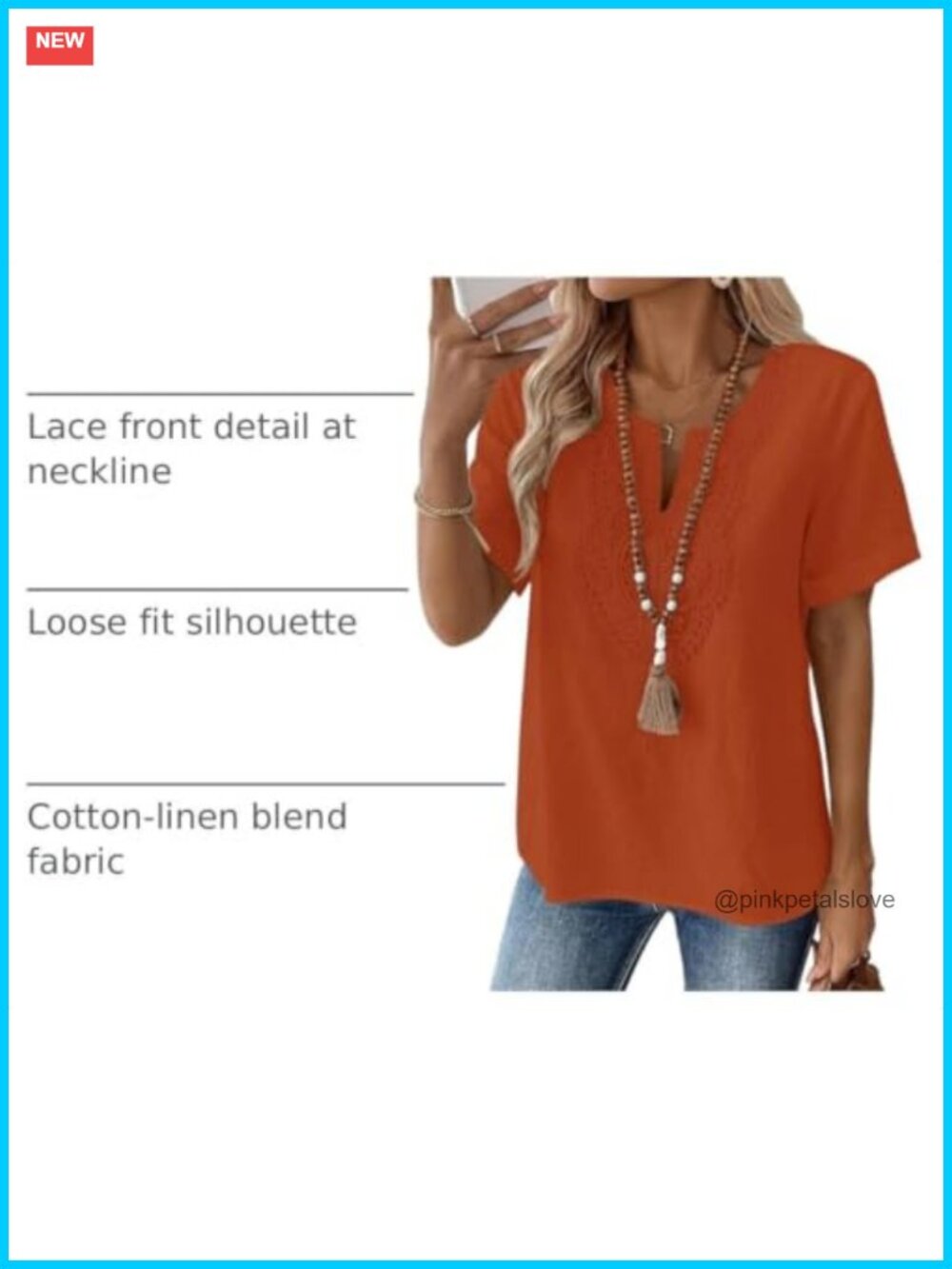 Womens Cotton Linen Tunic Top V-Neck Short Sleeve Lace Detail Loose Fit - Picture 3 of 6